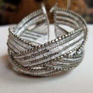 Silver and White Beaded Woven Cuff Bracelet